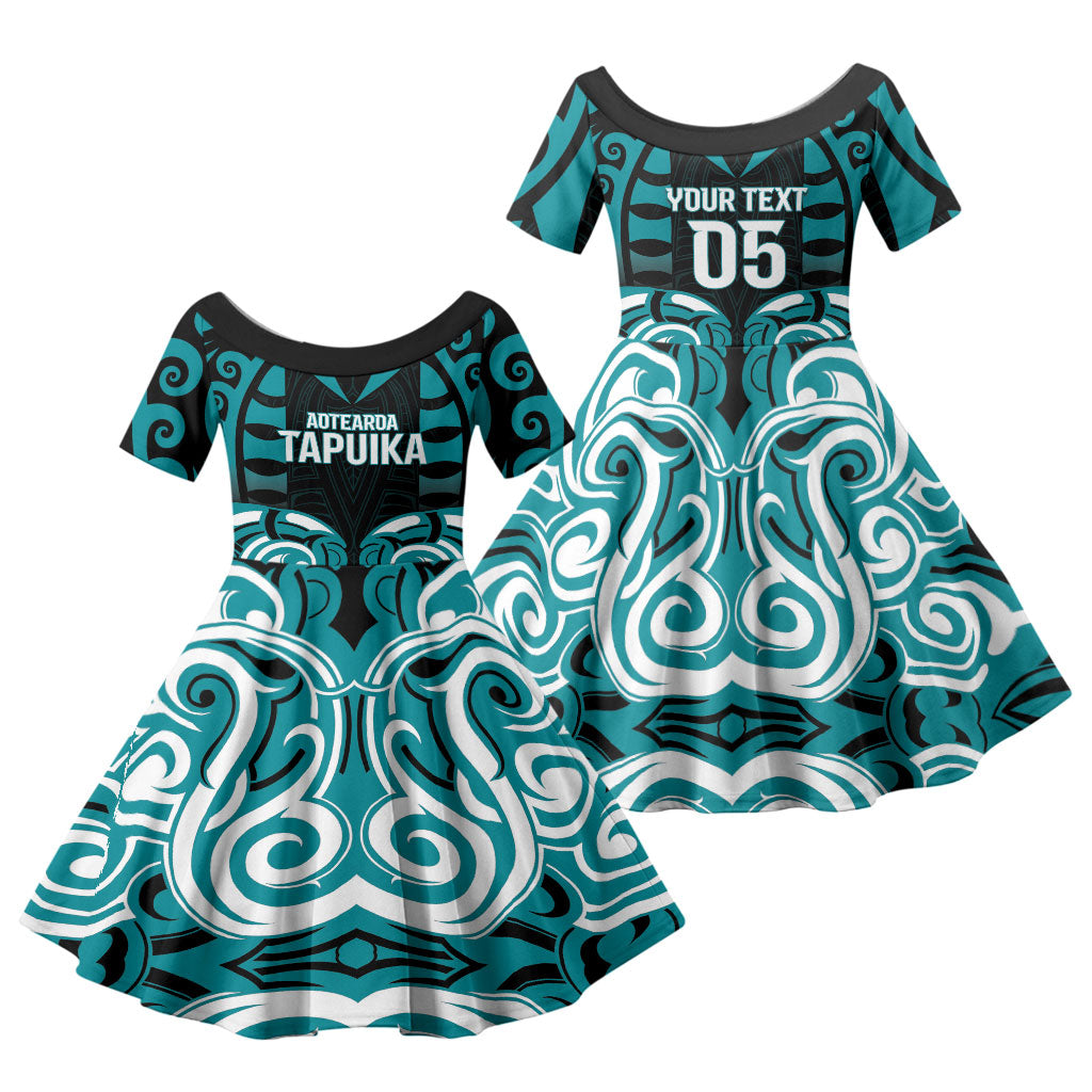 Custom Aotearoa Tapuika Family Matching Off Shoulder Short Dress and Hawaiian Shirt New Zealand Traditional Maori Pattern DT05 Daughter's Dress Teal - Polynesian Pride