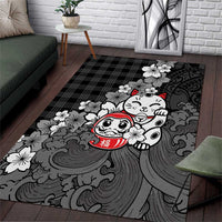 Black Palaka Hawaiian And Japanese Area Rug Maneki Neko And Sakura Bloom