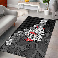 Black Palaka Hawaiian And Japanese Area Rug Maneki Neko And Sakura Bloom