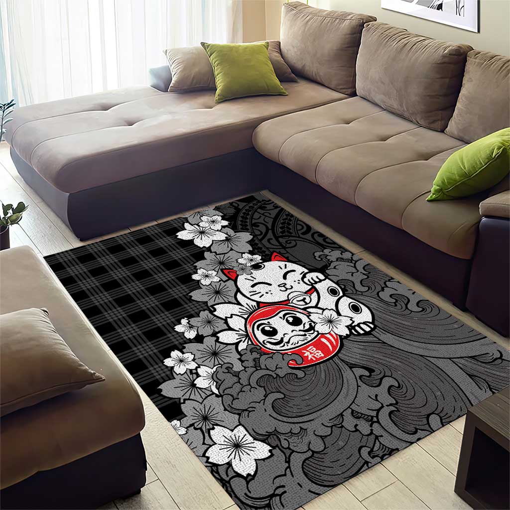 Black Palaka Hawaiian And Japanese Area Rug Maneki Neko And Sakura Bloom