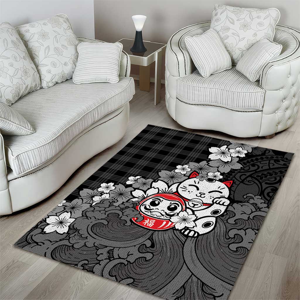 Black Palaka Hawaiian And Japanese Area Rug Maneki Neko And Sakura Bloom