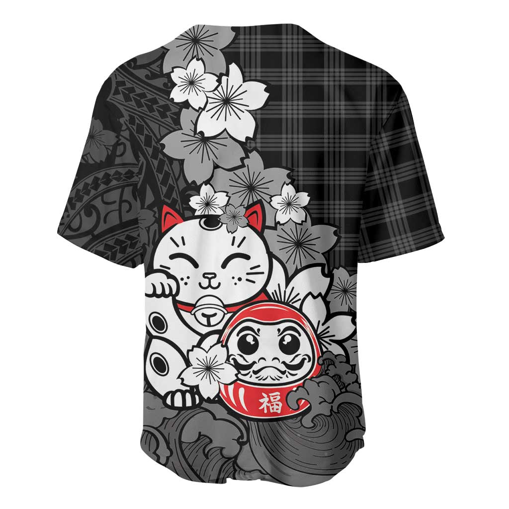 Black Palaka Hawaiian And Japanese Baseball Jersey Maneki Neko And Sakura Bloom