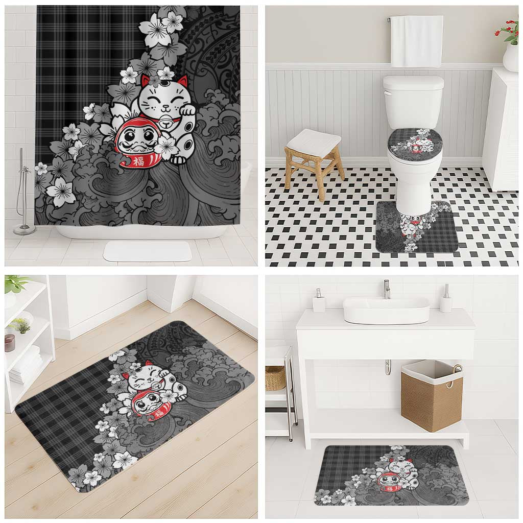 Black Palaka Hawaiian And Japanese Bathroom Set Maneki Neko And Sakura Bloom