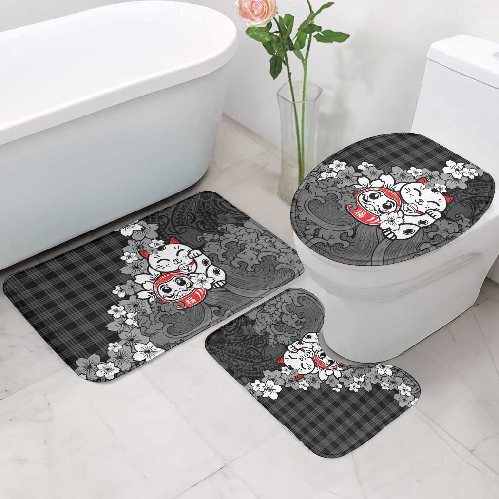 Black Palaka Hawaiian And Japanese Bathroom Set Maneki Neko And Sakura Bloom
