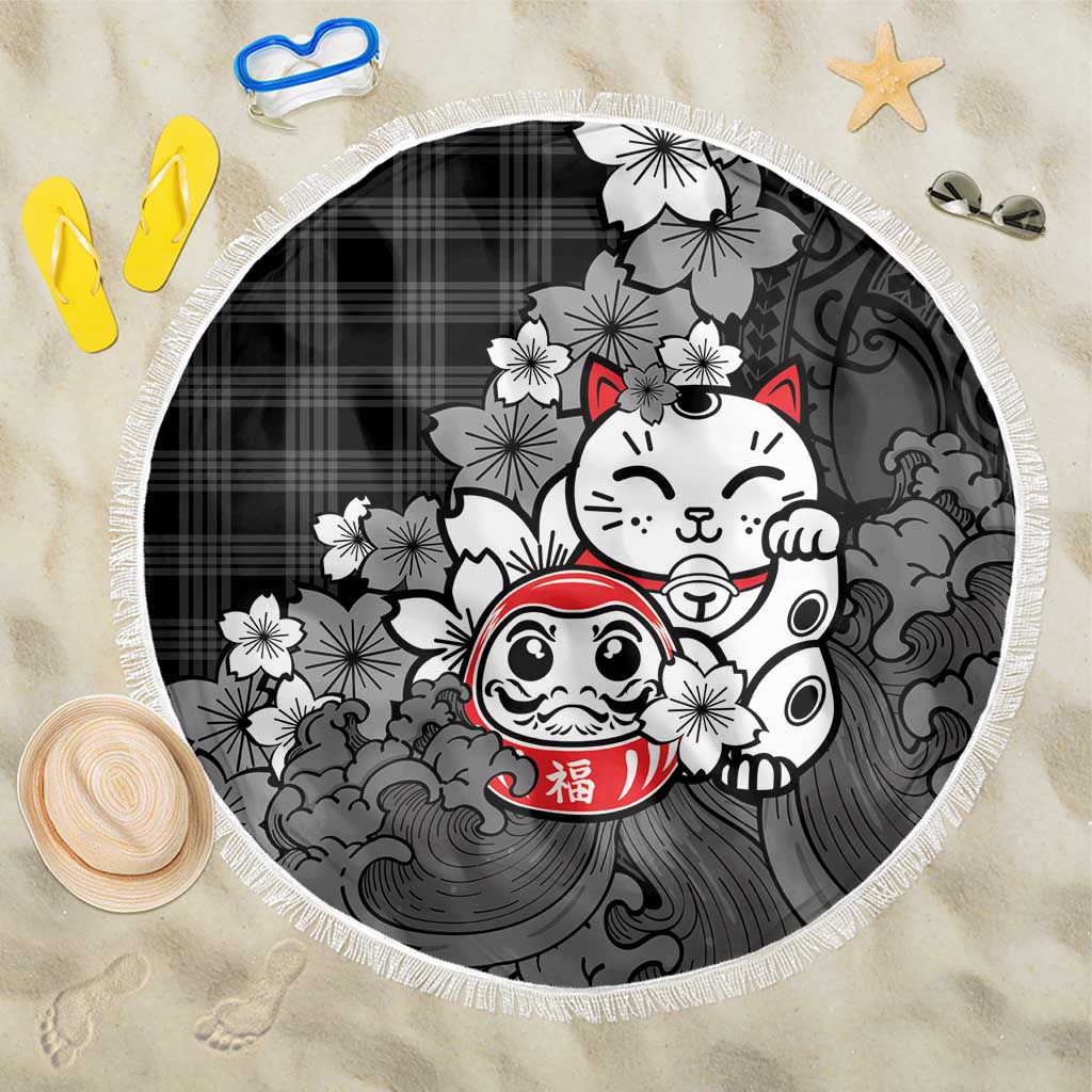 Black Palaka Hawaiian And Japanese Beach Blanket Maneki Neko And Sakura Bloom