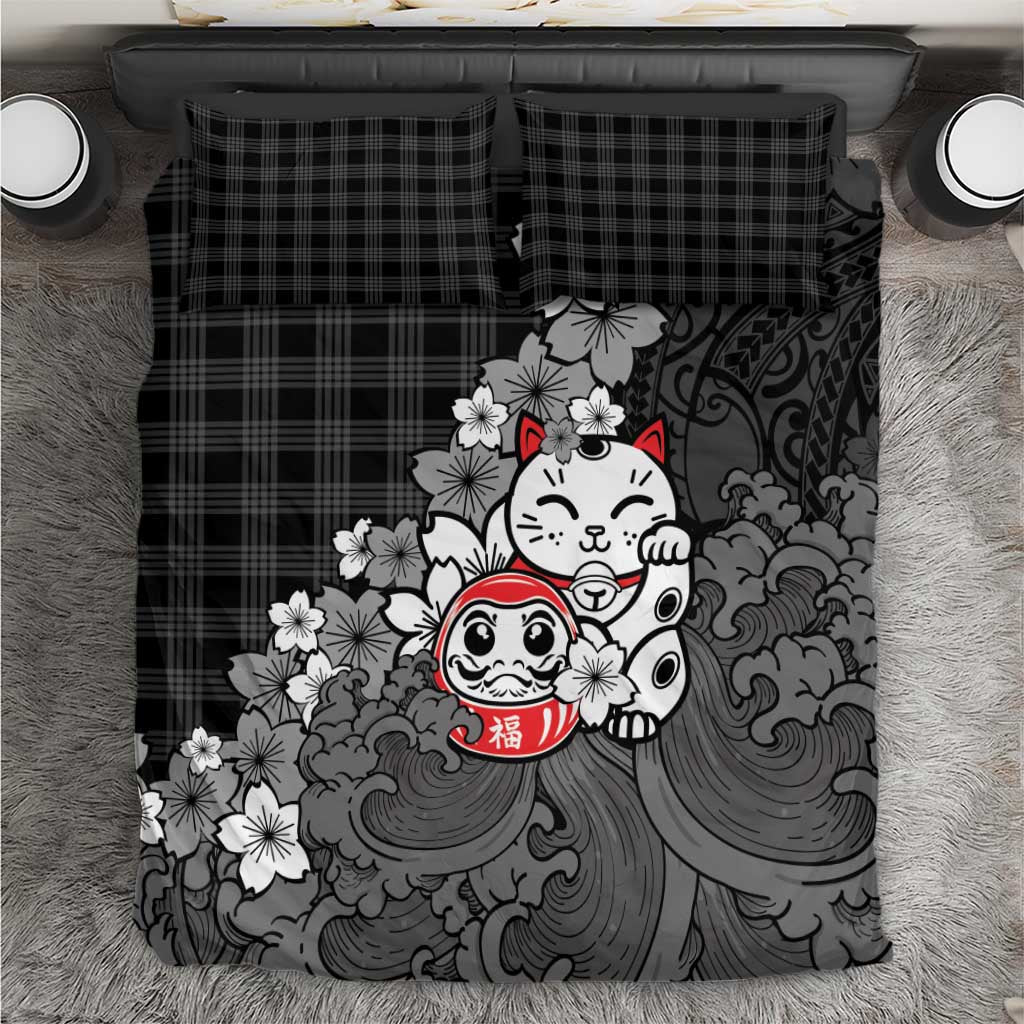 Black Palaka Hawaiian And Japanese Bedding Set Maneki Neko And Sakura Bloom