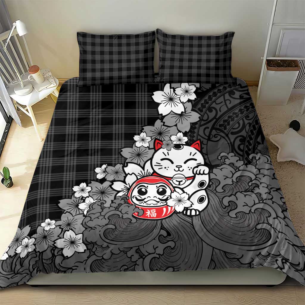 Black Palaka Hawaiian And Japanese Bedding Set Maneki Neko And Sakura Bloom