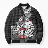 Black Palaka Hawaiian And Japanese Bomber Puffer Jacket Maneki Neko And Sakura Bloom DT05 Unisex Black - Polynesian Pride