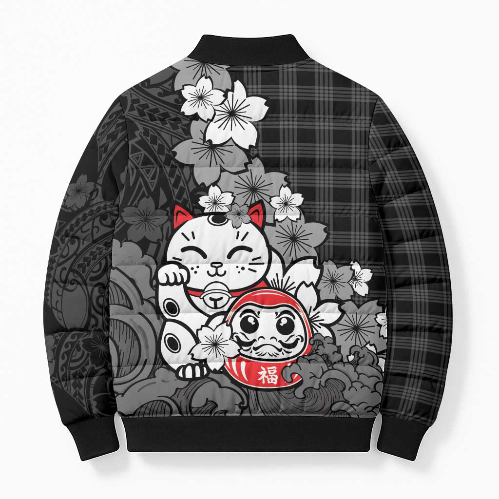 Black Palaka Hawaiian And Japanese Bomber Puffer Jacket Maneki Neko And Sakura Bloom DT05 - Polynesian Pride