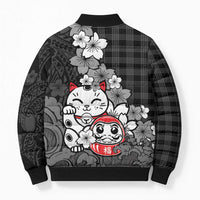 Black Palaka Hawaiian And Japanese Bomber Puffer Jacket Maneki Neko And Sakura Bloom DT05 - Polynesian Pride