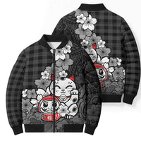 Black Palaka Hawaiian And Japanese Bomber Puffer Jacket Maneki Neko And Sakura Bloom DT05 - Polynesian Pride