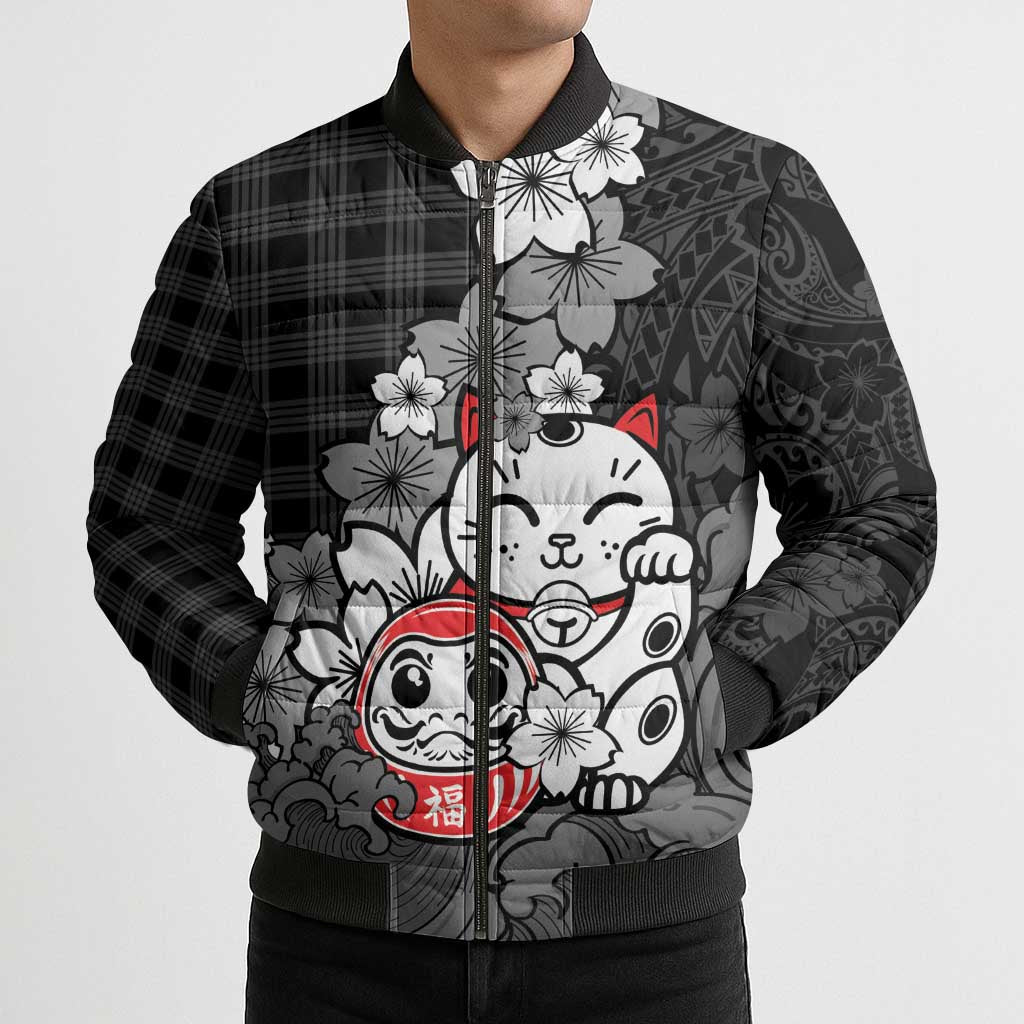 Black Palaka Hawaiian And Japanese Bomber Puffer Jacket Maneki Neko And Sakura Bloom DT05 - Polynesian Pride