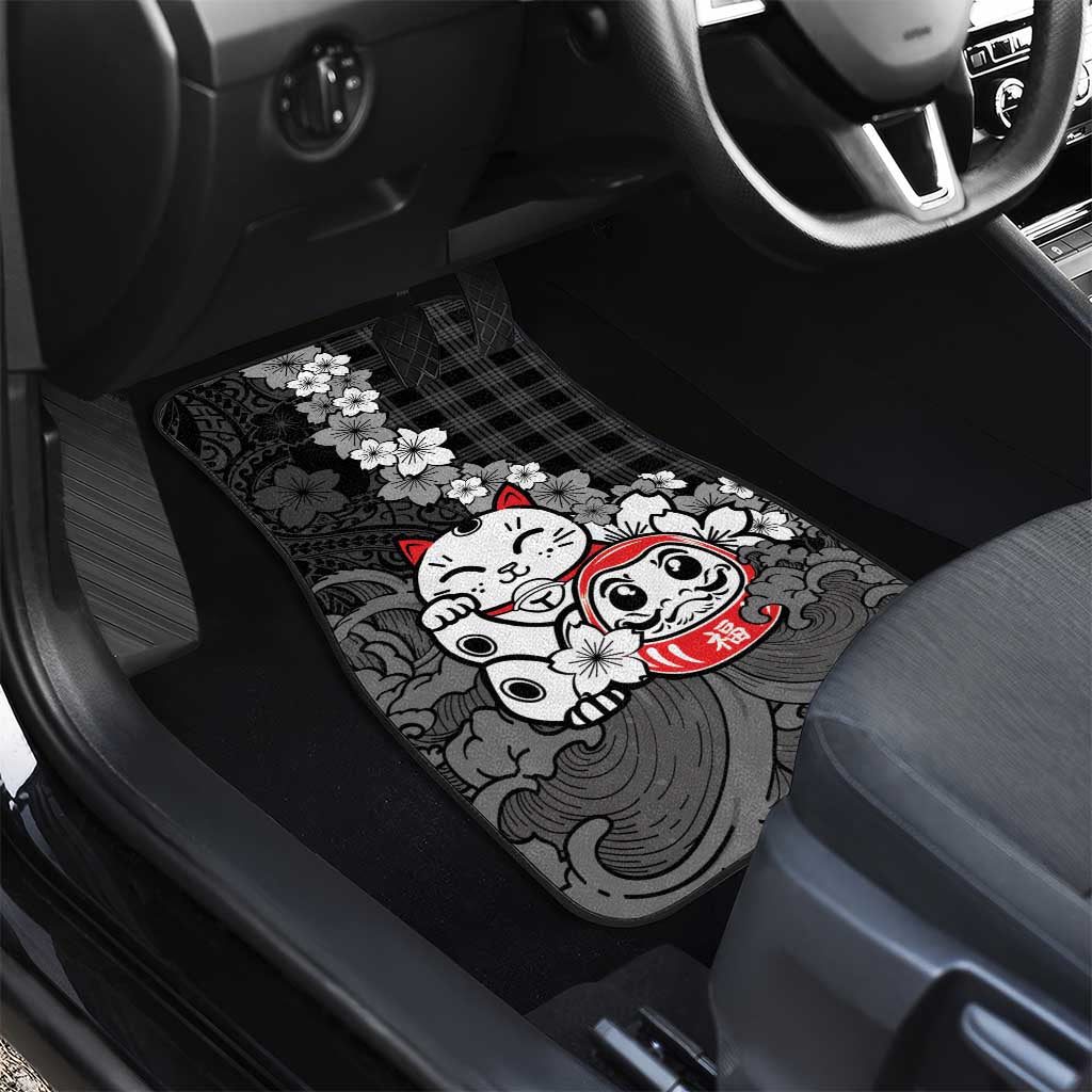 Black Palaka Hawaiian And Japanese Car Mats Maneki Neko And Sakura Bloom DT05 - Polynesian Pride