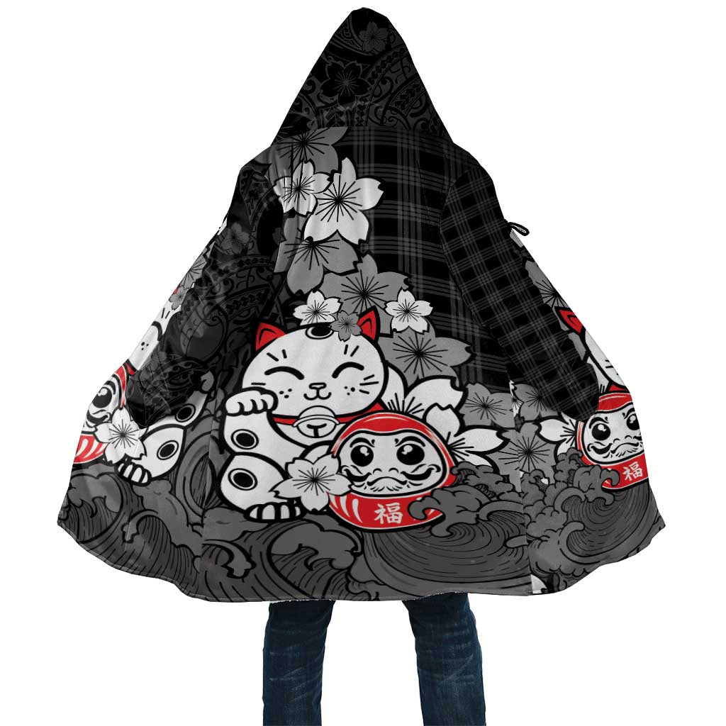 Black Palaka Hawaiian And Japanese Cloak Maneki Neko And Sakura Bloom DT05 Unisex Black - Polynesian Pride