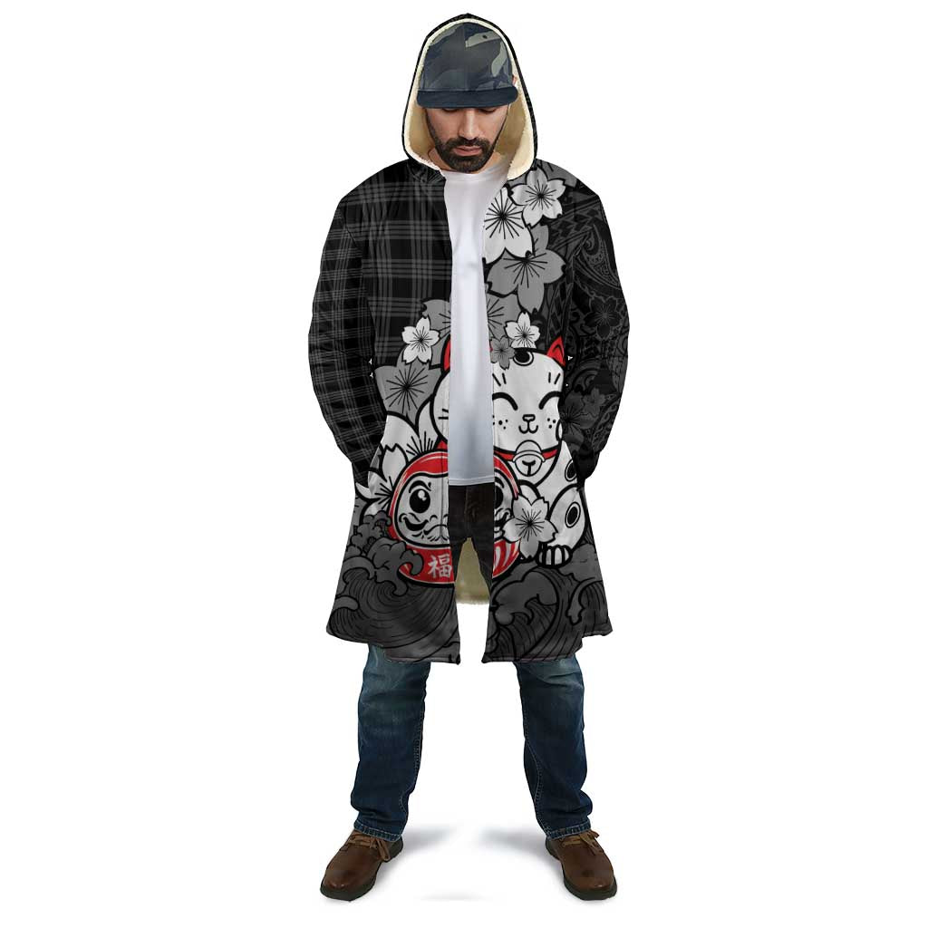 Black Palaka Hawaiian And Japanese Cloak Maneki Neko And Sakura Bloom