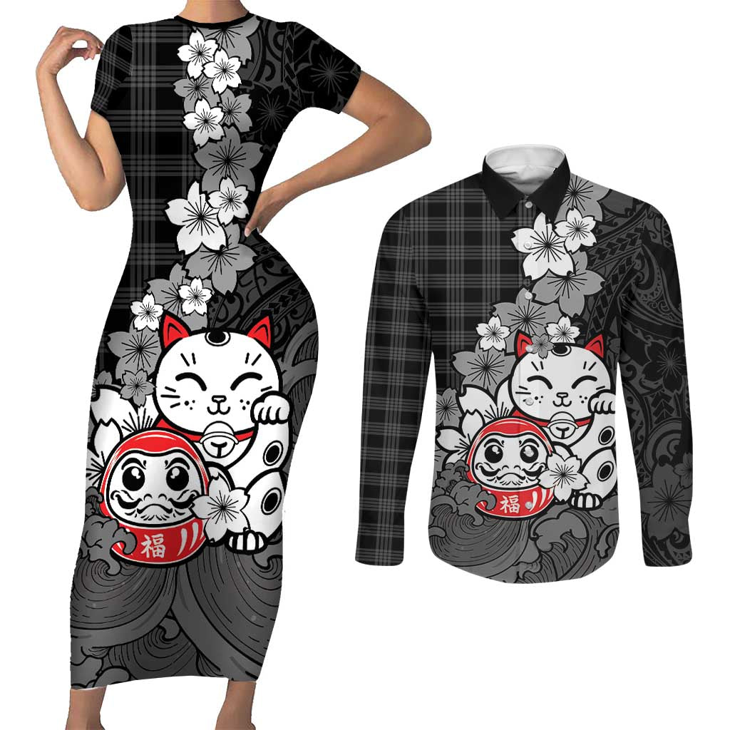 Black Palaka Hawaiian And Japanese Couples Matching Short Sleeve Bodycon Dress and Long Sleeve Button Shirt Maneki Neko And Sakura Bloom DT05 Black - Polynesian Pride