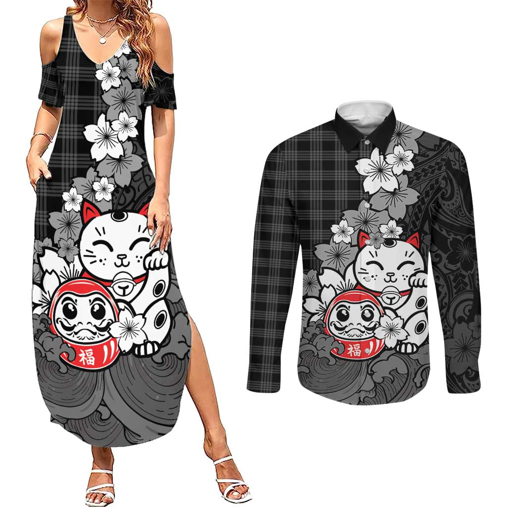 Black Palaka Hawaiian And Japanese Couples Matching Summer Maxi Dress and Long Sleeve Button Shirt Maneki Neko And Sakura Bloom DT05 Black - Polynesian Pride