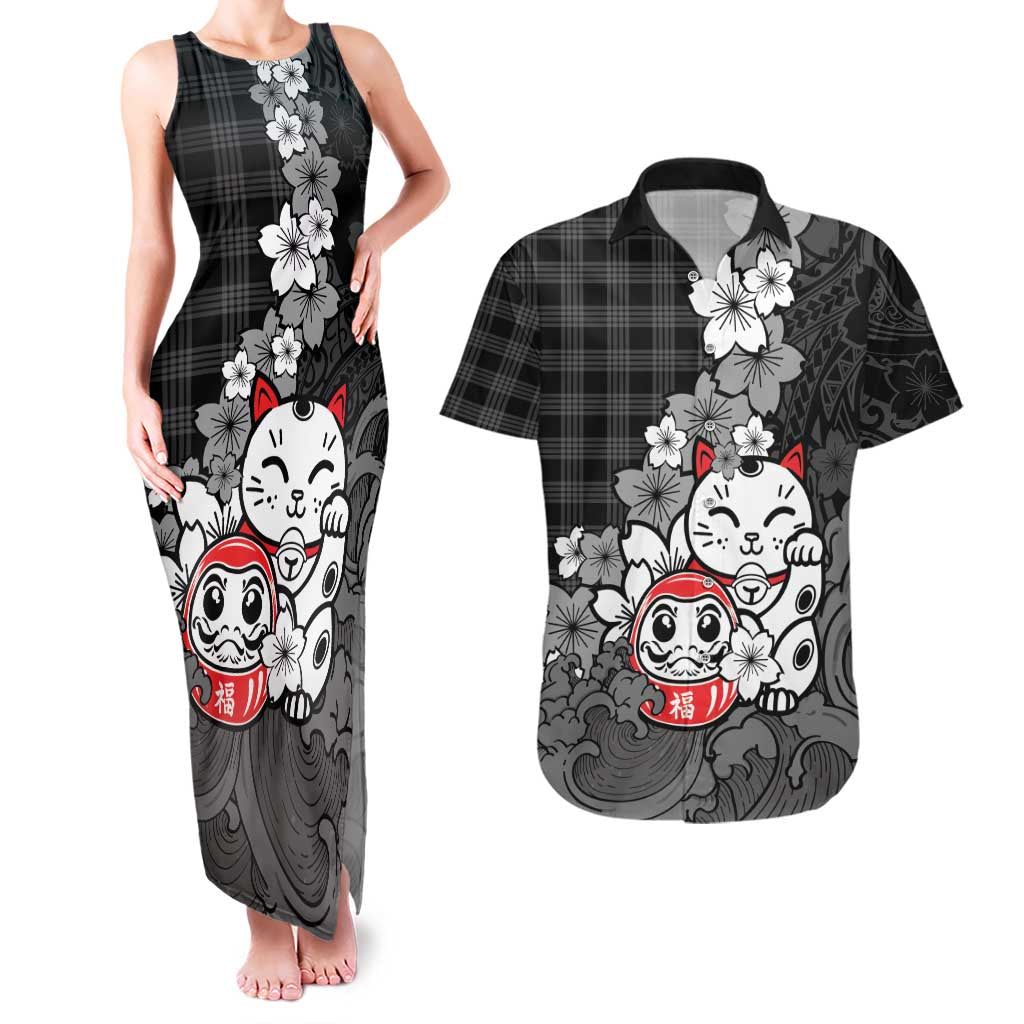 Black Palaka Hawaiian And Japanese Couples Matching Tank Maxi Dress and Hawaiian Shirt Maneki Neko And Sakura Bloom DT05 Black - Polynesian Pride