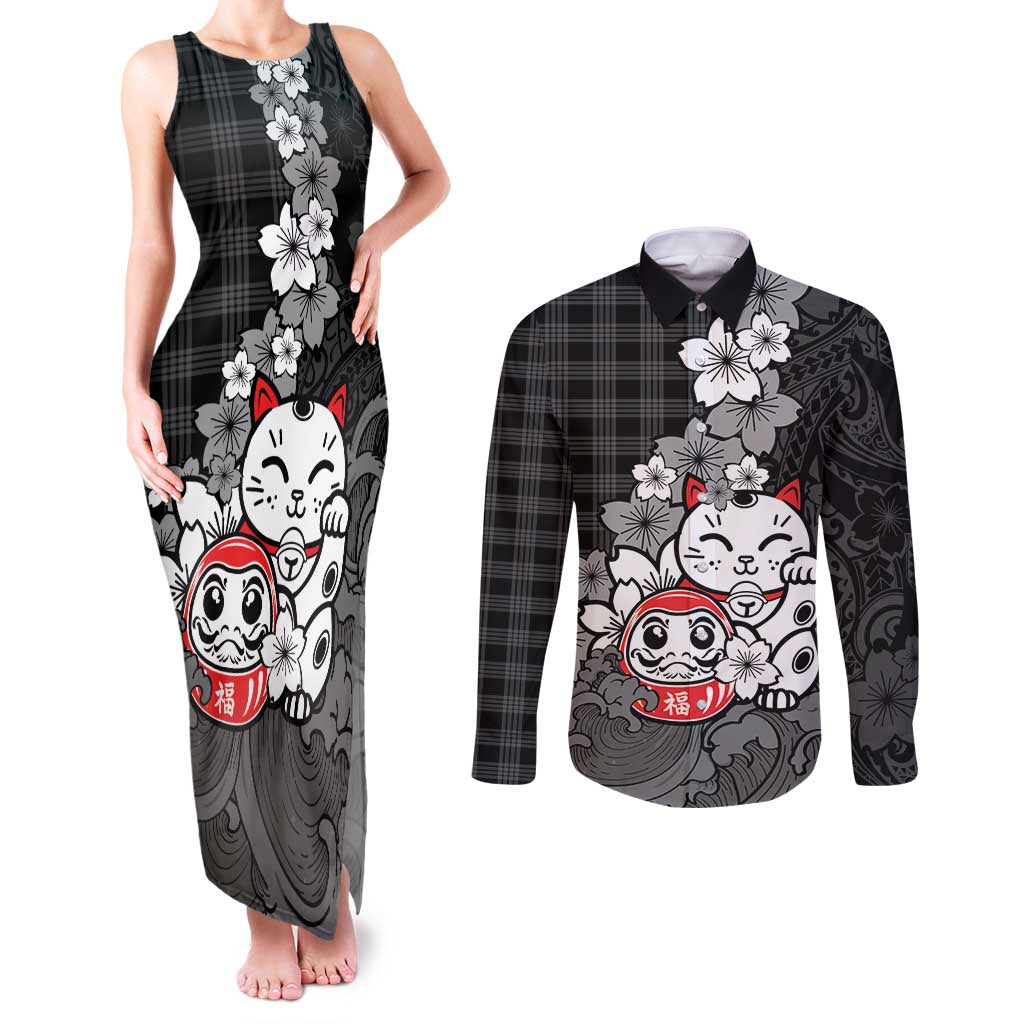 Black Palaka Hawaiian And Japanese Couples Matching Tank Maxi Dress and Long Sleeve Button Shirt Maneki Neko And Sakura Bloom DT05 Black - Polynesian Pride
