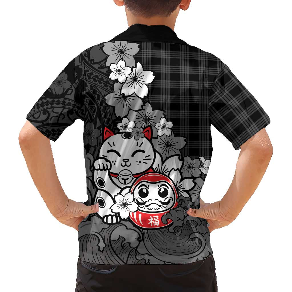 Black Palaka Hawaiian And Japanese Family Matching Off The Shoulder Long Sleeve Dress and Hawaiian Shirt Maneki Neko And Sakura Bloom DT05 - Polynesian Pride