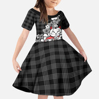 Black Palaka Hawaiian And Japanese Family Matching Off The Shoulder Long Sleeve Dress and Hawaiian Shirt Maneki Neko And Sakura Bloom DT05 Daughter's Dress Black - Polynesian Pride