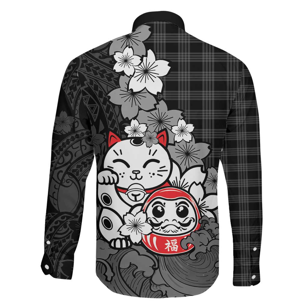 Black Palaka Hawaiian And Japanese Family Matching Off The Shoulder Long Sleeve Dress and Hawaiian Shirt Maneki Neko And Sakura Bloom DT05 - Polynesian Pride