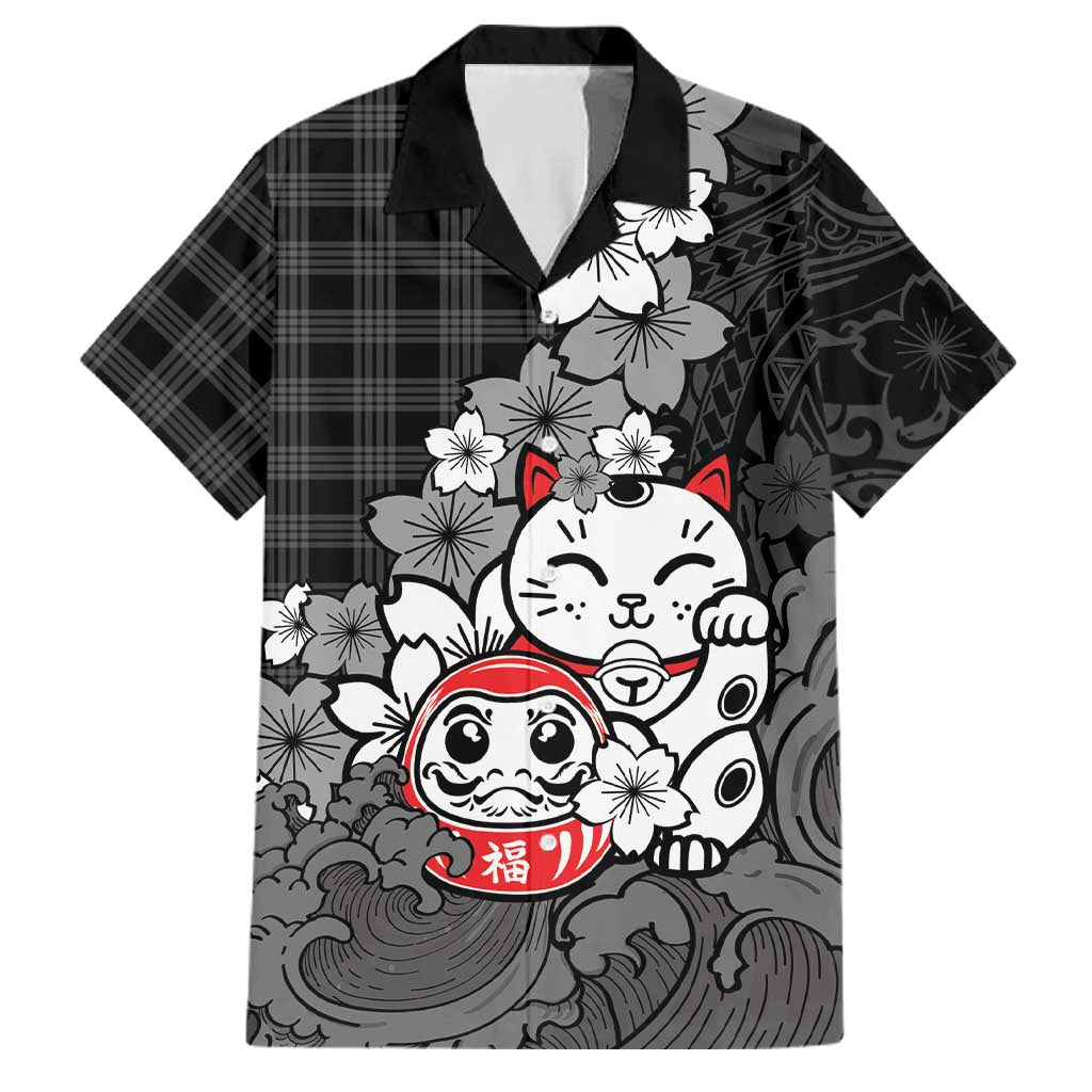 Black Palaka Hawaiian And Japanese Family Matching Off Shoulder Maxi Dress and Hawaiian Shirt Maneki Neko And Sakura Bloom DT05 Dad's Shirt - Short Sleeve Black - Polynesian Pride