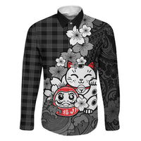 Black Palaka Hawaiian And Japanese Family Matching Off Shoulder Maxi Dress and Hawaiian Shirt Maneki Neko And Sakura Bloom DT05 Dad's Shirt - Long Sleeve Black - Polynesian Pride
