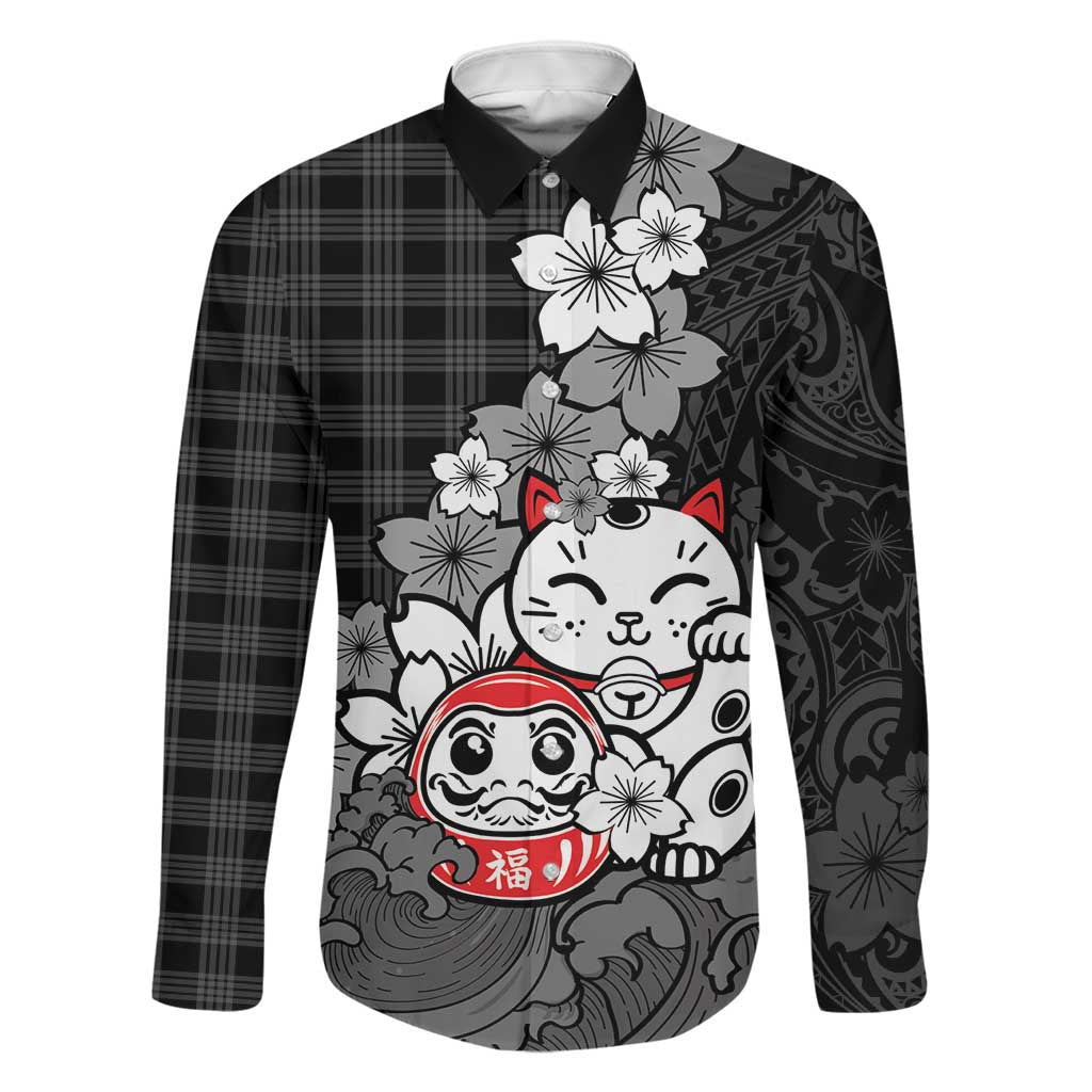 Black Palaka Hawaiian And Japanese Family Matching Puletasi and Hawaiian Shirt Maneki Neko And Sakura Bloom DT05 Dad's Shirt - Long Sleeve Black - Polynesian Pride