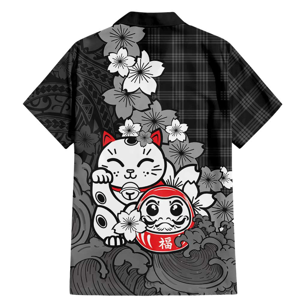 Black Palaka Hawaiian And Japanese Family Matching Short Sleeve Bodycon Dress and Hawaiian Shirt Maneki Neko And Sakura Bloom DT05 - Polynesian Pride