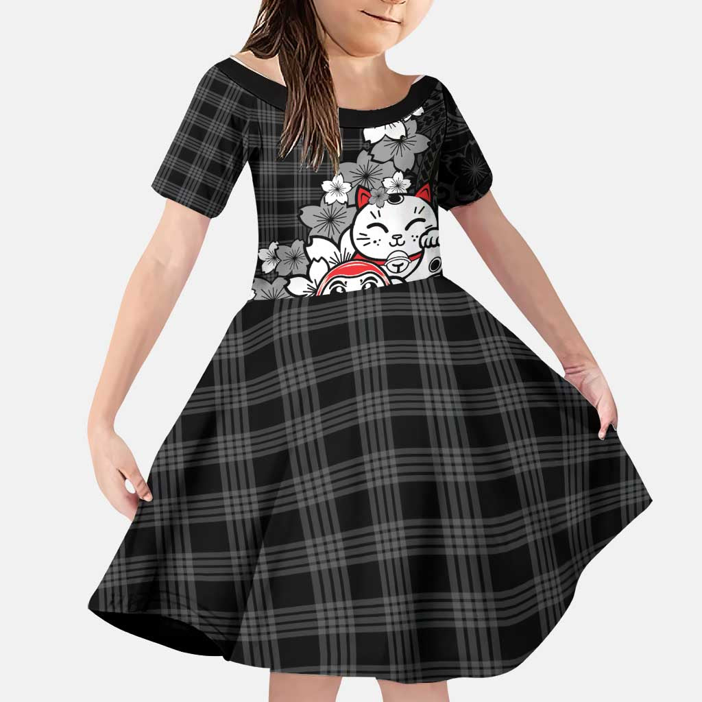 Black Palaka Hawaiian And Japanese Family Matching Summer Maxi Dress and Hawaiian Shirt Maneki Neko And Sakura Bloom DT05 Daughter's Dress Black - Polynesian Pride