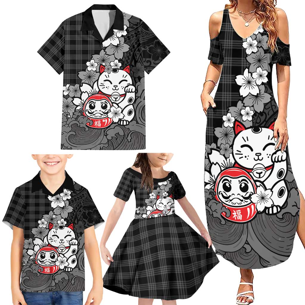 Black Palaka Hawaiian And Japanese Family Matching Summer Maxi Dress and Hawaiian Shirt Maneki Neko And Sakura Bloom DT05 - Polynesian Pride