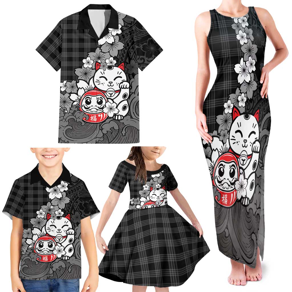 Black Palaka Hawaiian And Japanese Family Matching Tank Maxi Dress and Hawaiian Shirt Maneki Neko And Sakura Bloom DT05 - Polynesian Pride
