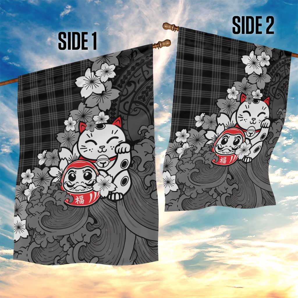 Black Palaka Hawaiian And Japanese Garden Flag Maneki Neko And Sakura Bloom