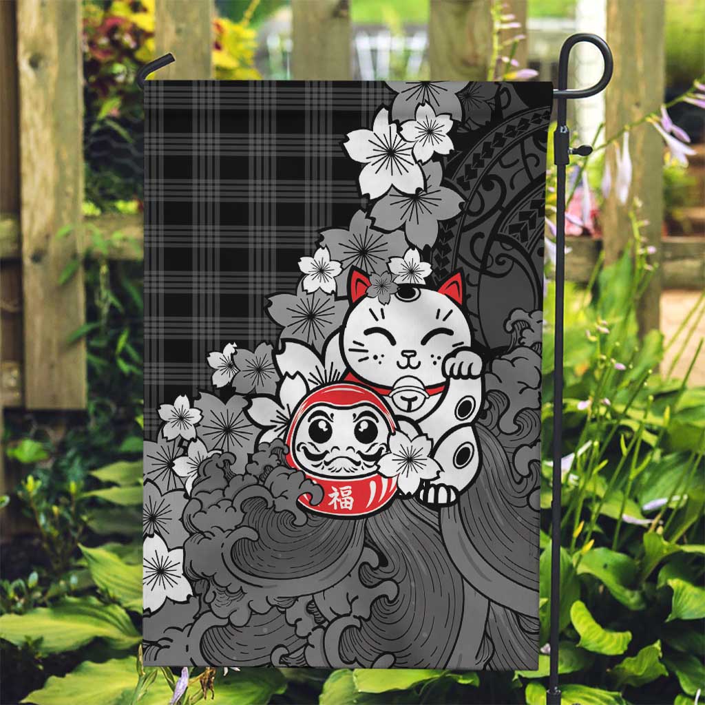 Black Palaka Hawaiian And Japanese Garden Flag Maneki Neko And Sakura Bloom