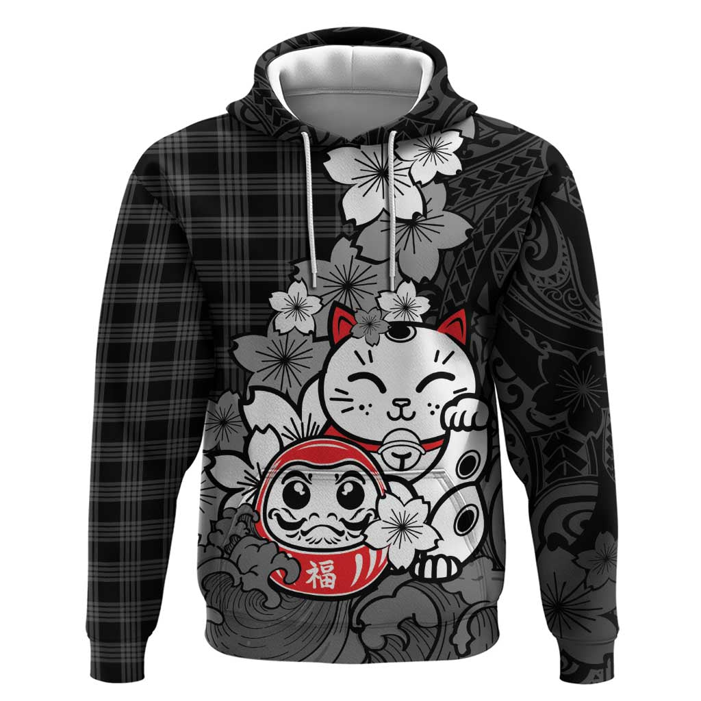 Black Palaka Hawaiian And Japanese Hoodie Maneki Neko And Sakura Bloom DT05 Pullover Hoodie Black - Polynesian Pride