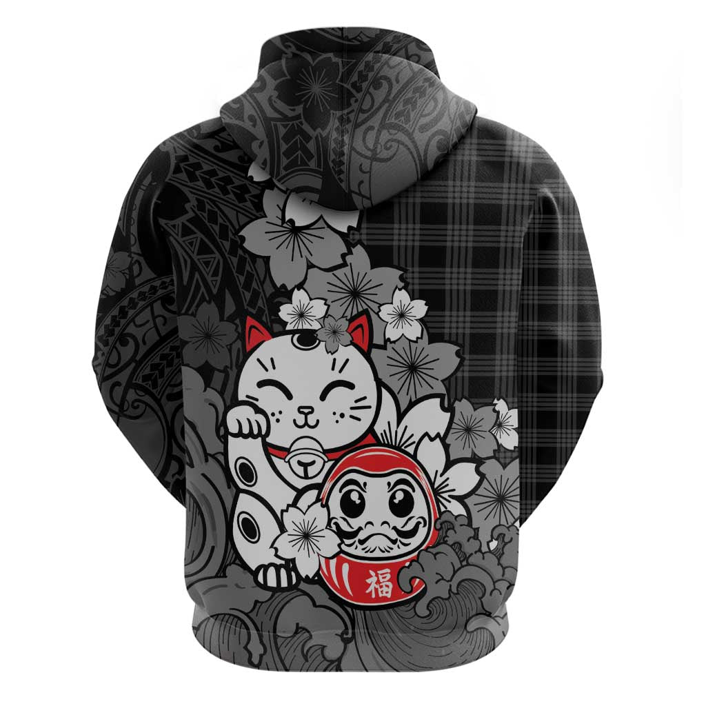 Black Palaka Hawaiian And Japanese Hoodie Maneki Neko And Sakura Bloom DT05 - Polynesian Pride