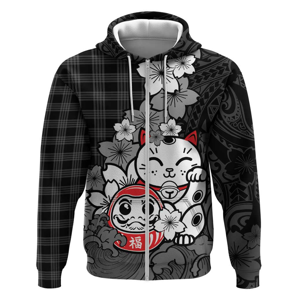 Black Palaka Hawaiian And Japanese Hoodie Maneki Neko And Sakura Bloom DT05 Zip Hoodie Black - Polynesian Pride