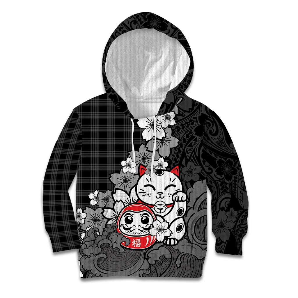 Black Palaka Hawaiian And Japanese Kid Hoodie Maneki Neko And Sakura Bloom