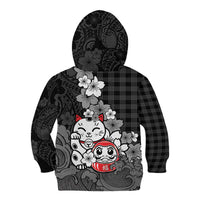 Black Palaka Hawaiian And Japanese Kid Hoodie Maneki Neko And Sakura Bloom