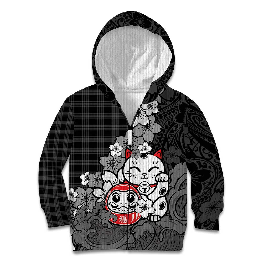 Black Palaka Hawaiian And Japanese Kid Hoodie Maneki Neko And Sakura Bloom
