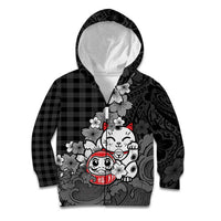 Black Palaka Hawaiian And Japanese Kid Hoodie Maneki Neko And Sakura Bloom