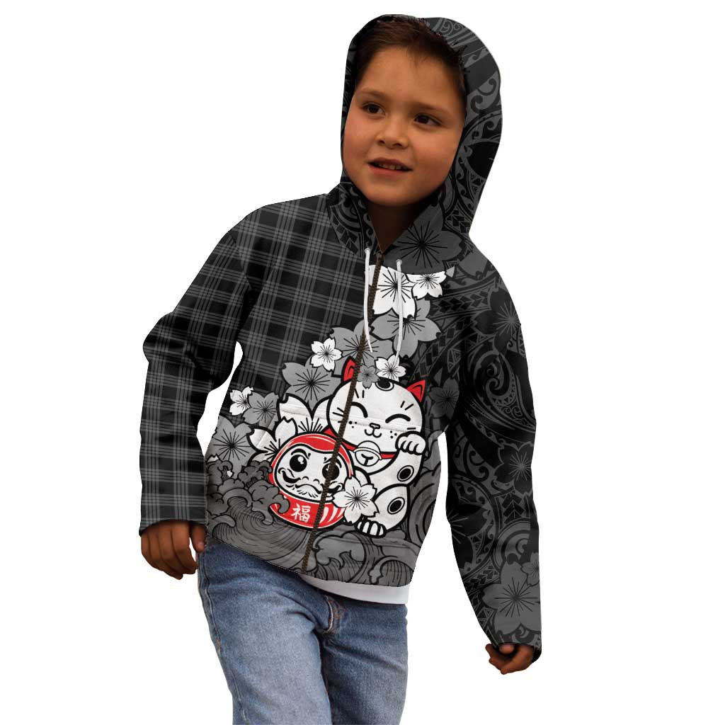 Black Palaka Hawaiian And Japanese Kid Hoodie Maneki Neko And Sakura Bloom