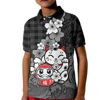 Black Palaka Hawaiian And Japanese Kid Polo Shirt Maneki Neko And Sakura Bloom DT05 Kid Black - Polynesian Pride