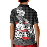 Black Palaka Hawaiian And Japanese Kid Polo Shirt Maneki Neko And Sakura Bloom DT05 - Polynesian Pride