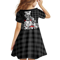 Black Palaka Hawaiian And Japanese Kid Short Sleeve Dress Maneki Neko And Sakura Bloom DT05 - Polynesian Pride