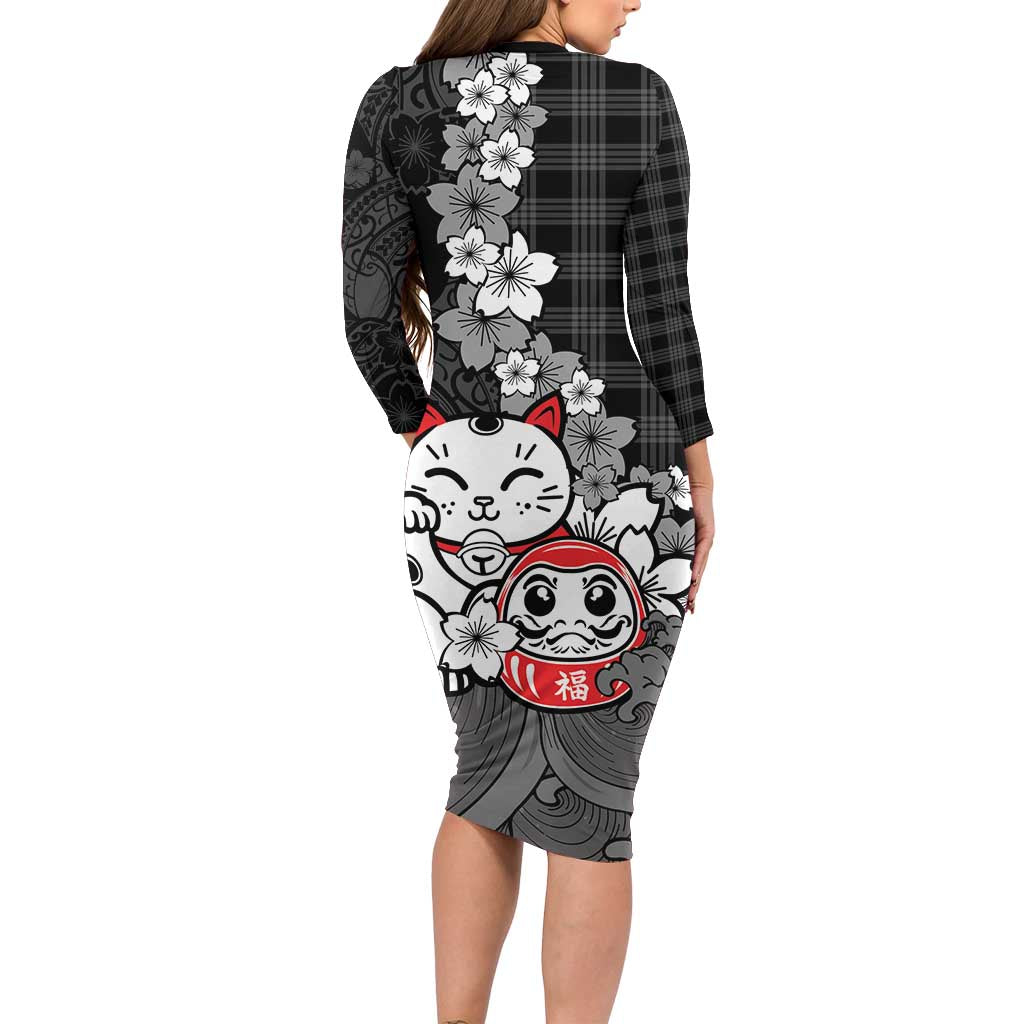 Black Palaka Hawaiian And Japanese Long Sleeve Bodycon Dress Maneki Neko And Sakura Bloom DT05 - Polynesian Pride