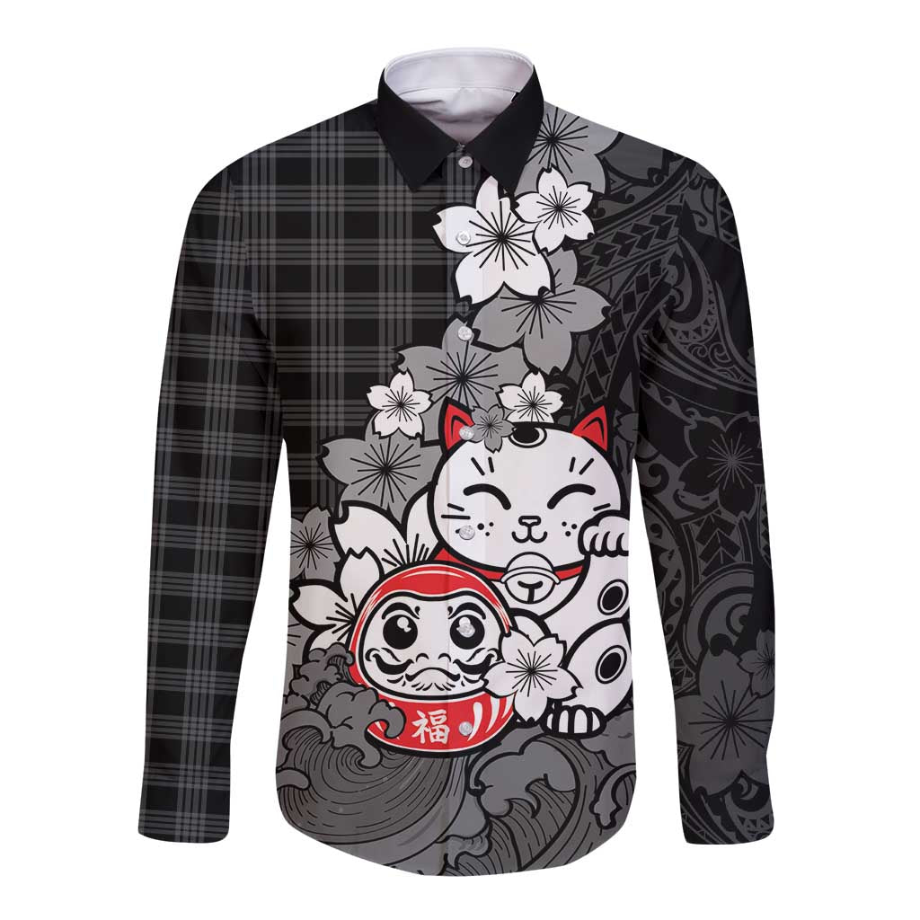 Black Palaka Hawaiian And Japanese Long Sleeve Button Shirt Maneki Neko And Sakura Bloom DT05 Unisex Black - Polynesian Pride