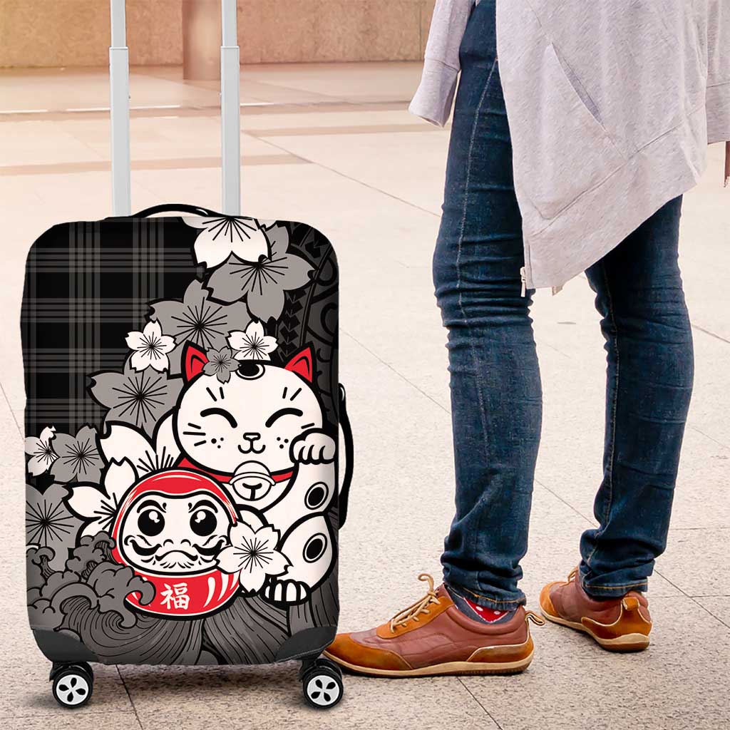 Black Palaka Hawaiian And Japanese Luggage Cover Maneki Neko And Sakura Bloom