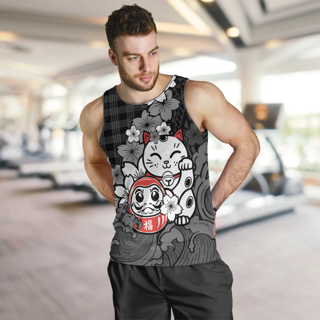 Black Palaka Hawaiian And Japanese Men Tank Top Maneki Neko And Sakura Bloom